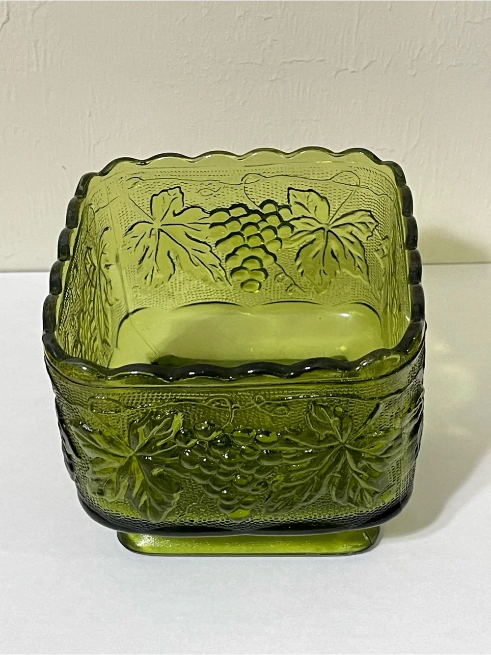 Indiana Glass Pedestal Square Bowl Vase Green Candy Dish Grapes Leaves Scalloped